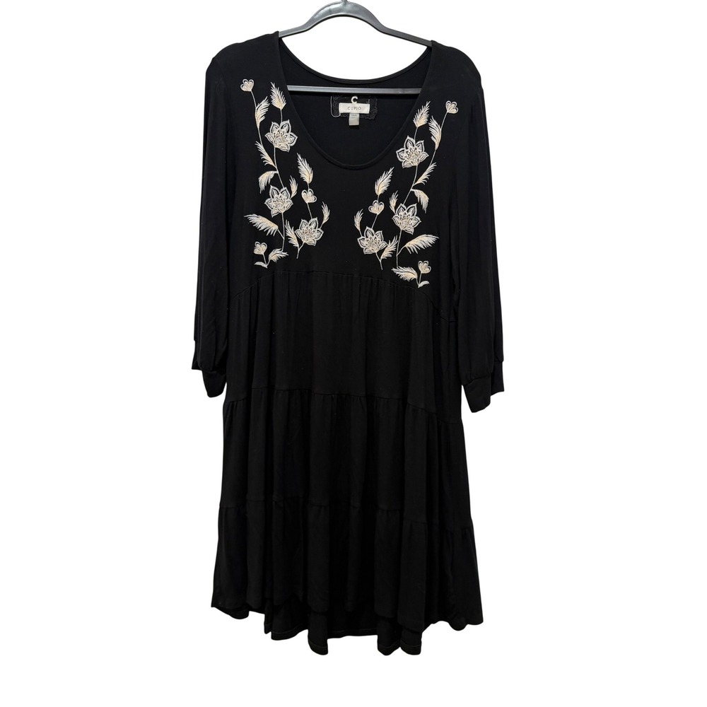 Cupio Womens Black Floral Embroidered Tiered Long Sleeve Mini Dress Large